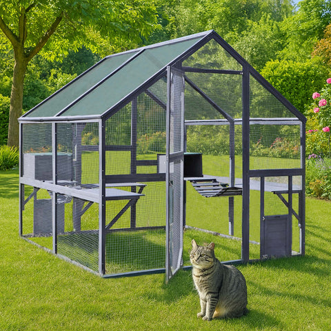 Outdoor Cat Enclosure 140 x 187 x 187 cm Wooden Cage, Water-Resistant Canopy for Protection