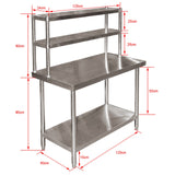 Stainless steel work table 120x60x85cm with two-tier shelf