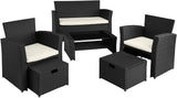 Black Poly-rattan Garden / Balcony / Patio Set for 4 People with Stool, Storage Compartment Under Sofa Seat, Table with Shelf