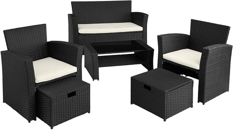 Black Poly-rattan Garden / Balcony / Patio Set for 4 People with Stool, Storage Compartment Under Sofa Seat, Table with Shelf