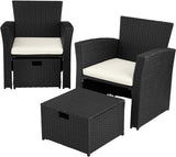 Black Poly-rattan Garden / Balcony / Patio Set for 4 People with Stool, Storage Compartment Under Sofa Seat, Table with Shelf