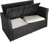 Black Poly-rattan Garden / Balcony / Patio Set for 4 People with Stool, Storage Compartment Under Sofa Seat, Table with Shelf