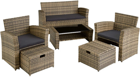 Brown Poly-rattan Garden / Balcony / Patio Set for 4 People with Stool, Storage Compartment Under Sofa Seat, Table with Shelf