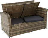 Brown Poly-rattan Garden / Balcony / Patio Set for 4 People with Stool, Storage Compartment Under Sofa Seat, Table with Shelf