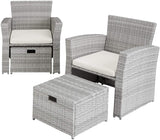 Lt Grey Poly-rattan Garden / Balcony / Patio Set for 4 People with Stool, Storage Compartment Under Sofa Seat, Table with Shelf