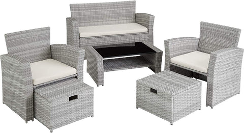 Lt Grey Poly-rattan Garden / Balcony / Patio Set for 4 People with Stool, Storage Compartment Under Sofa Seat, Table with Shelf