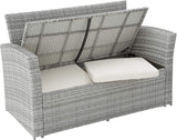 Lt Grey Poly-rattan Garden / Balcony / Patio Set for 4 People with Stool, Storage Compartment Under Sofa Seat, Table with Shelf