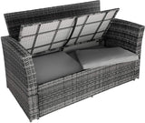 Dk Grey Poly-rattan Garden / Balcony / Patio Set for 4 People with Stool, Storage Compartment Under Sofa Seat, Table with Shelf