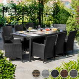 Rattan dining set, 8 chairs + 1 dining table with glass tops  BLACK