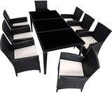 Rattan dining set, 8 chairs + 1 dining table with glass tops  BLACK