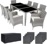 Rattan dining set, 8 chairs + 1 dining table with glass tops  LT GREY