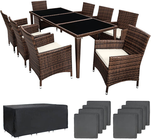 Rattan dining set, 8 chairs + 1 dining table with glass tops Brown