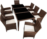 Rattan dining set, 8 chairs + 1 dining table with glass tops Brown