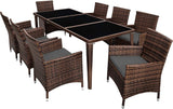 Rattan dining set, 8 chairs + 1 dining table with glass tops Brown