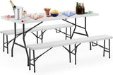 Set Foldable 2  Benches 1 Table Carry Handle Plastic White