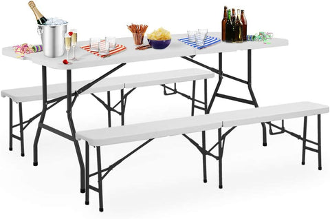 Set Foldable 2  Benches 1 Table Carry Handle Plastic White