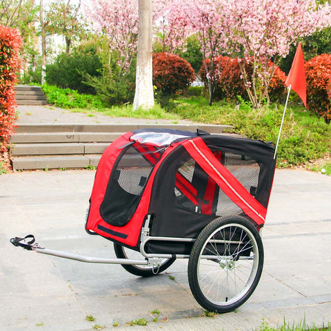 Dog Bicycle Trailer with Fly Screen and Rain Protection, Black & Red