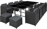 Black Polyrattan Aluminium Dining Set for up to 12 People Weather-Resistant 8 Chairs 4 Stools 1 Table with Glass Panels and Cube System Including 2 x Covers and Protective Cover