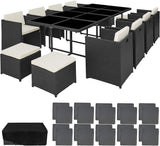 Black Polyrattan Aluminium Dining Set for up to 12 People Weather-Resistant 8 Chairs 4 Stools 1 Table with Glass Panels and Cube System Including 2 x Covers and Protective Cover