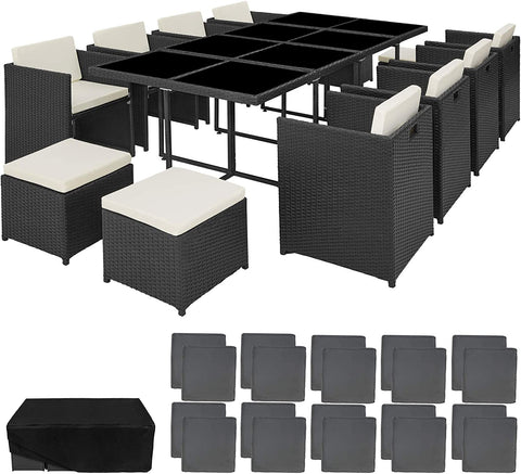 Black Polyrattan Aluminium Dining Set for up to 12 People Weather-Resistant 8 Chairs 4 Stools 1 Table with Glass Panels and Cube System Including 2 x Covers and Protective Cover