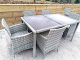 Lt Grey Rattan Seating Set, 6 Chairs with Seat Cushions, 1 Table with 2 Glass Tops, Including Protective Cover