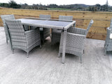 Lt Grey Rattan Seating Set, 6 Chairs with Seat Cushions, 1 Table with 2 Glass Tops, Including Protective Cover