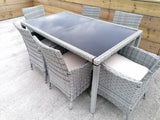 Lt Grey Rattan Seating Set, 6 Chairs with Seat Cushions, 1 Table with 2 Glass Tops, Including Protective Cover