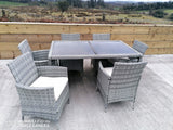 Lt Grey Rattan Seating Set, 6 Chairs with Seat Cushions, 1 Table with 2 Glass Tops, Including Protective Cover