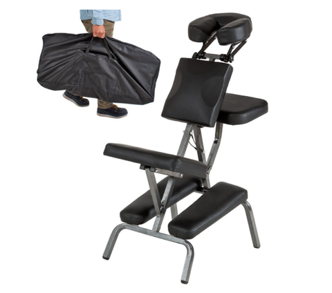 Black massage chair with thick padding, portable, incl. carrying bag
