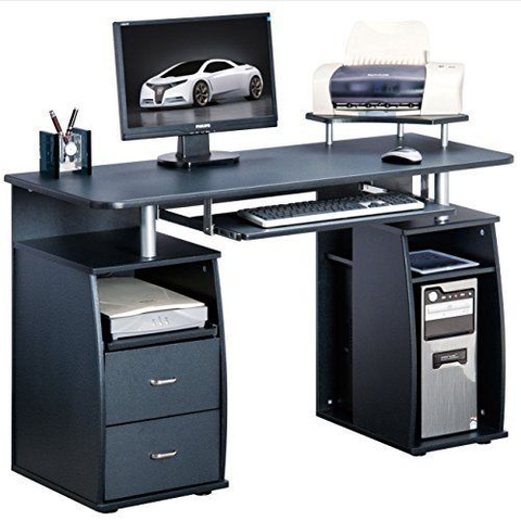 Black Computer Desk With Shelves and 2 Drawers for Home Office