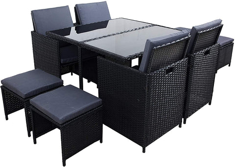 Rattan 9-Piece Set Garden Furniture Set 4 Chairs 4 Stools 1 Table Black
