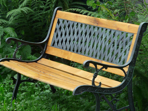 Garden bench Inge wood and cast iron in lattice pattern outdoor seat