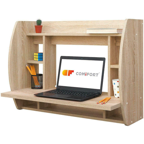 Floating Wall Mounted Computer Desk With Storage Shelves Home Office Table Oak/White