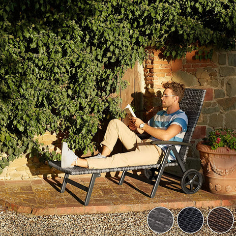 Aluminium Poly Rattan Sun Lounger with Armrests and Castors, Folding Garden Lounger with Height-Adjustable Backrest