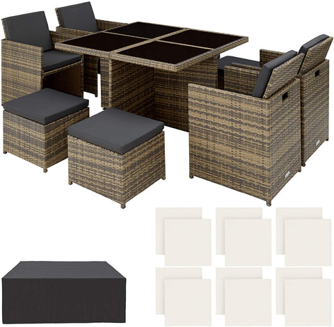 Brown  Rattan aluminum 4 + 1 + 4 seating group Cube 4 chairs 1 table 4 stools + protective cover