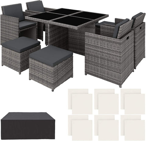 Dark Grey Rattan aluminum 4 + 1 + 4 seating group Cube 4 chairs 1 table 4 stools + protective cover